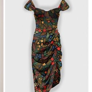 WHISPER Floral Black Dress with Red and Blue Accents